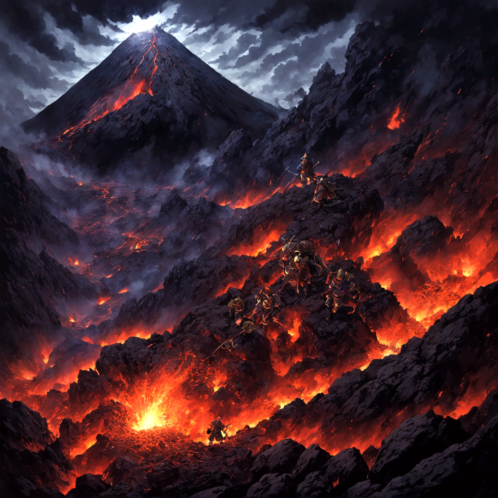 The eruption of Mt. Fuji,Flying sand and rocks,Smoke billowed out,The fire burst into the sky,Large quantities of molten slurry,The village collapsed,Purgatory on earth,There are white bones everywhere,Bodies are strewn across the field,tattered,Abandoned and dilapidated houses are everywhere(((Snow-capped volcano)))Tropical rainforest area (Very detailed giant volcano) In the mountainous desert,There are several exhaust fans and chimneys, Some spotlights come out of the base to illuminate dark places, (Extreme nights), Some clouds in the night sky,The hest giant volcano is erupting((Giant volcanoes))(((The volcano ruptures))