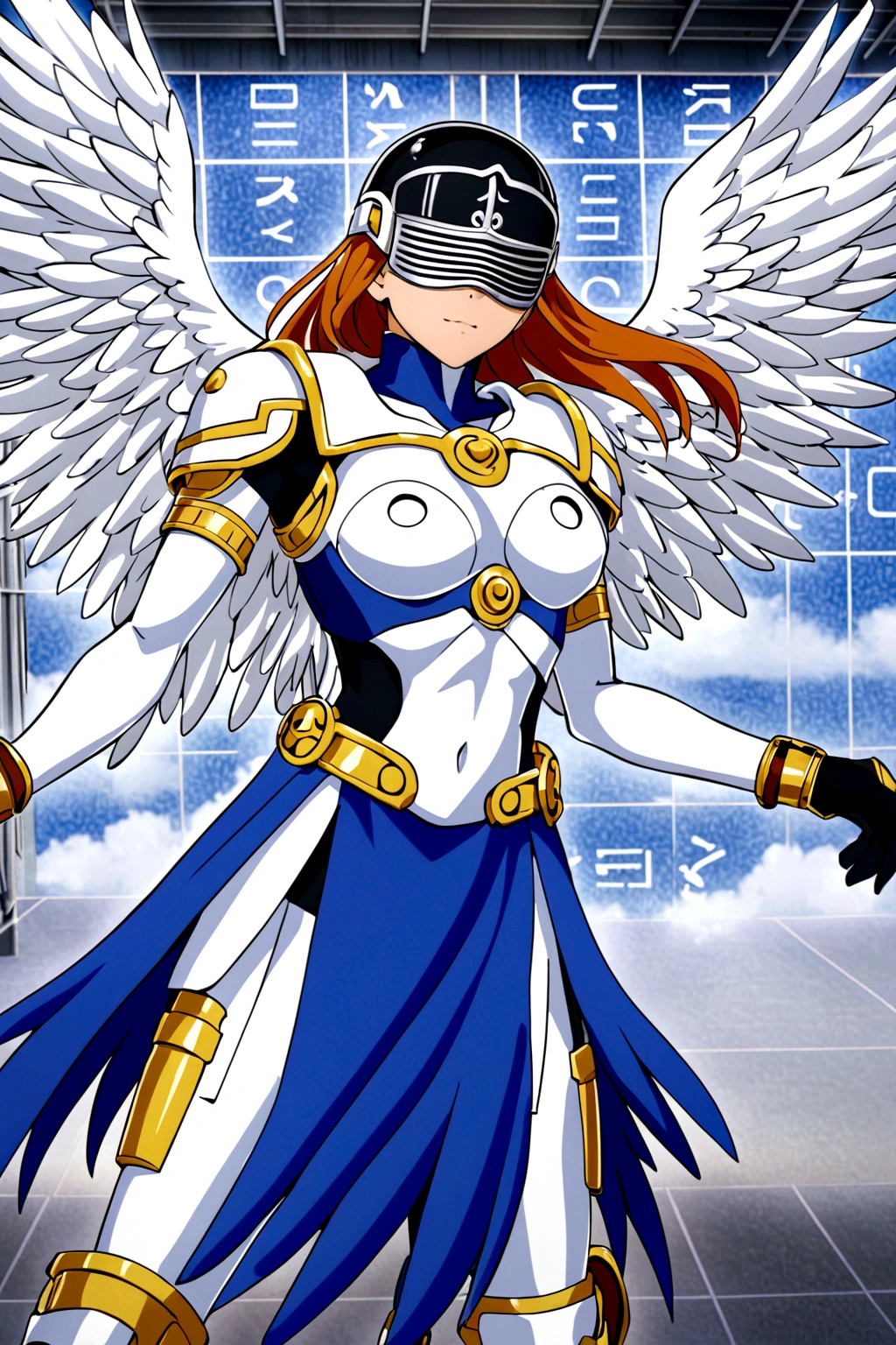 Angemon de Digimon Adventure con una pose de valentia, (1man), solo, full body, blonde hair, head wings, helmet, (covered eyes:1.7), long hair, angel wings, feathered wings, wings, en el cielo de fondo, anime screencap, american cowboy shot, masterpiece, the best quality, super detailed