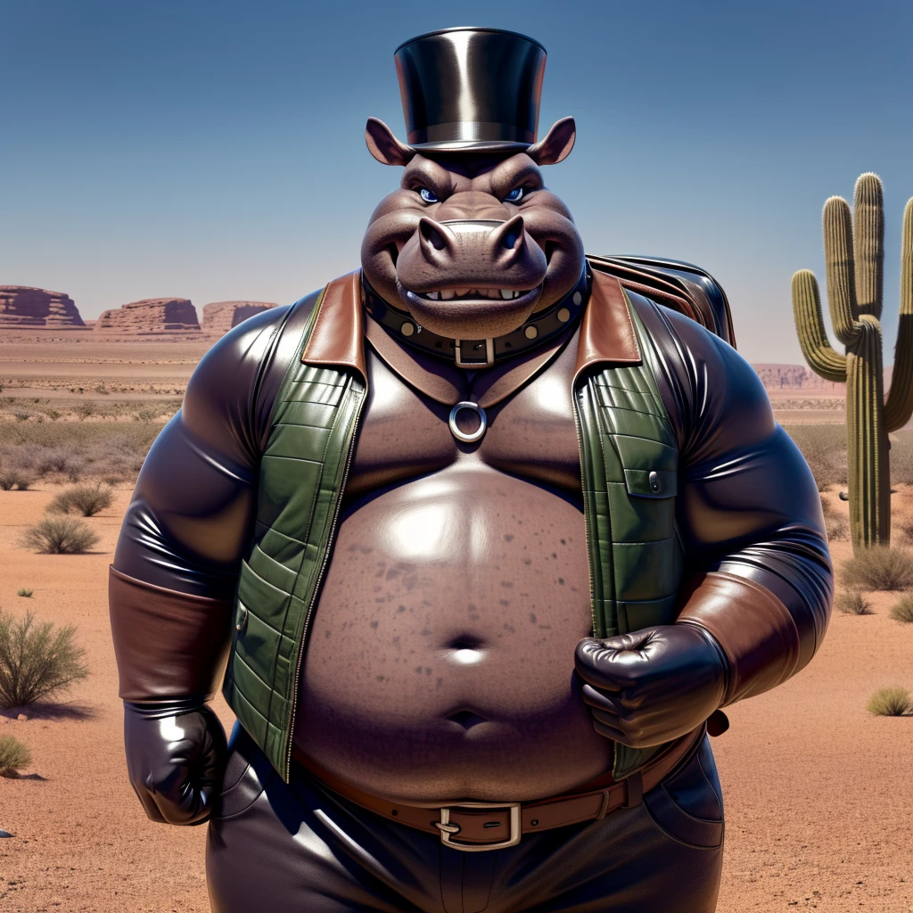 Male, fat, extremely obese, Hippopotamus, blue eyes, (posing:1.3), (soft shading), 4k, hi res, ((detailed face, detailed)), looking at viewer, evil grin, desert, cactus, shirt, top hat, male focus, Explorer Outfit, glasses, pants, bag, vest, backpack, sleeves rolled up, round eyewear, brown headwear, brown vest, Hippopotamus is wearing a glossy leather dog collar around the neck, Hippopotamus is wearing the leather collar and shirt and vest at the same time, Hippopotamus is wearing glossy white rubber gloves on the hands, gloves are rubber in texture, clenching teeth, clenching fists, leather collar is glossy and shiny with a lot of detail.