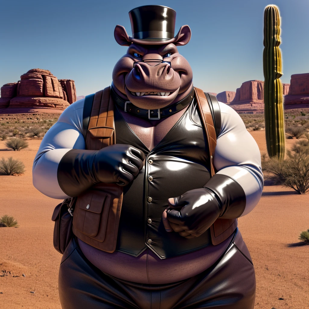 Male, fat, extremely obese, Hippopotamus, blue eyes, (posing:1.3), (soft shading), 4k, hi res, ((detailed face, detailed)), looking at viewer, evil grin, desert, cactus, shirt, top hat, male focus, Explorer Outfit, glasses, pants, bag, vest, backpack, sleeves rolled up, round eyewear, brown headwear, brown vest, Hippopotamus is wearing a glossy leather dog collar around the neck, Hippopotamus is wearing the leather collar and shirt and vest at the same time, Hippopotamus is wearing glossy white rubber gloves on the hands, gloves are rubber in texture, clenching teeth, clenching fists, leather collar is glossy and shiny with a lot of detail.