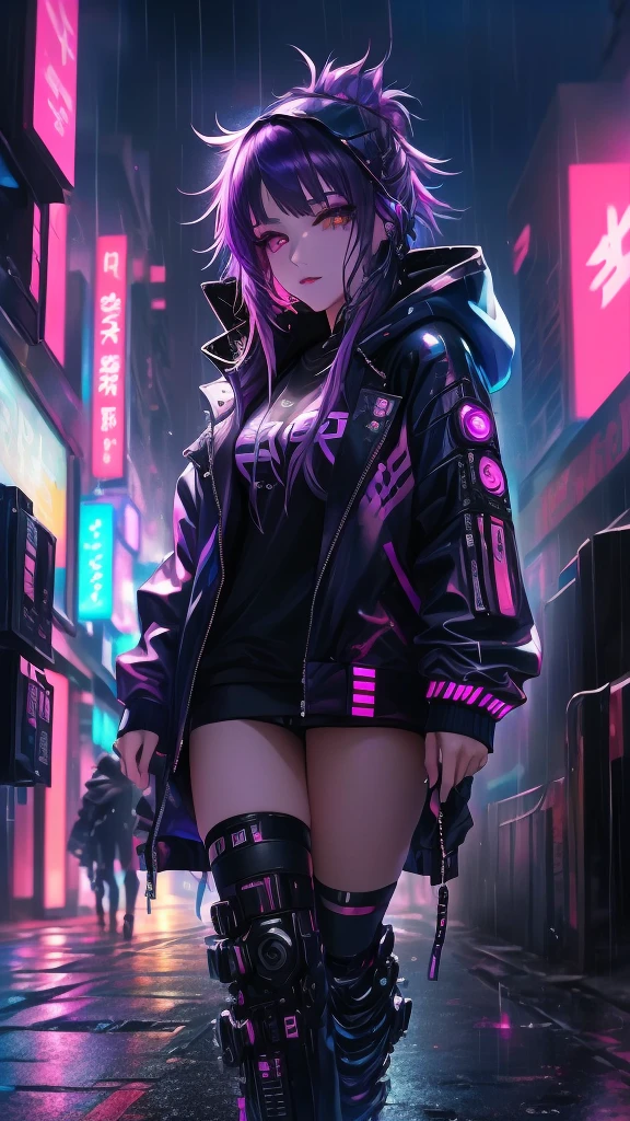 in the rain、Anime girl with purple hair and black jacket, Cyberpunk Anime Girl in hoodie, digital Cyberpunk anime art, Digital Cyberpunk - Anime Art, Cyberpunk Anime Girl, anime cyberpunk art, Cyberpunk art style, Cyberpunk atmosphere, Cyberpunk anime art, female Cyberpunk Anime Girl, Dreamy Cyberpunk Girl, Cyberpunk atmospheres, Bright Cyberpunk Glow, Cyberpunk Style, Cyberpunk themed art