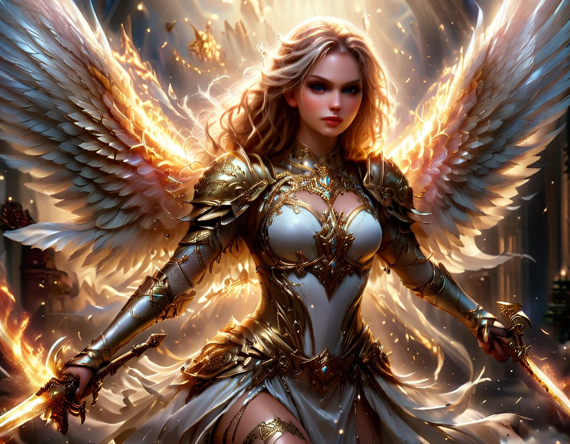 a ((medieval masterwork fresco art: 1.5)) Italian renaissance style, of a 1female angel knight, spread angelic wings, glowing halo soft light, full body shot, ultra detailed face, determined expression, angel of justice and vengeance, blond hair, long hair, dynamic hair style, (wearing armor: 1.2), intricate details, wearing (thigh high heeled boots: 1.1) , (holding divine sword: 1.3), flaming sword, intense details, masterwork sword, dynamic background(Masterpiece: 1.5), Vibrant, Ultra-high resolution, High Contrast, (masterpiece:1.2), highest quality, Best aesthetics), best details, best quality, highres, ultra wide angle, 16k, [ultra detailed], masterpiece, best quality, (extremely detailed), intense gaze, faize, raging nebula, Sword and shield, drc_style