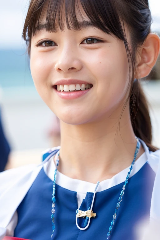 Photo realistic、Japanese girl、young、girl、16 years old、high school student、sailor uniform、ponytail、cute、Her hair is tied up in a ponytail、Clothes are light blue、 Slightly droopy eyes、白いマスクをつけている