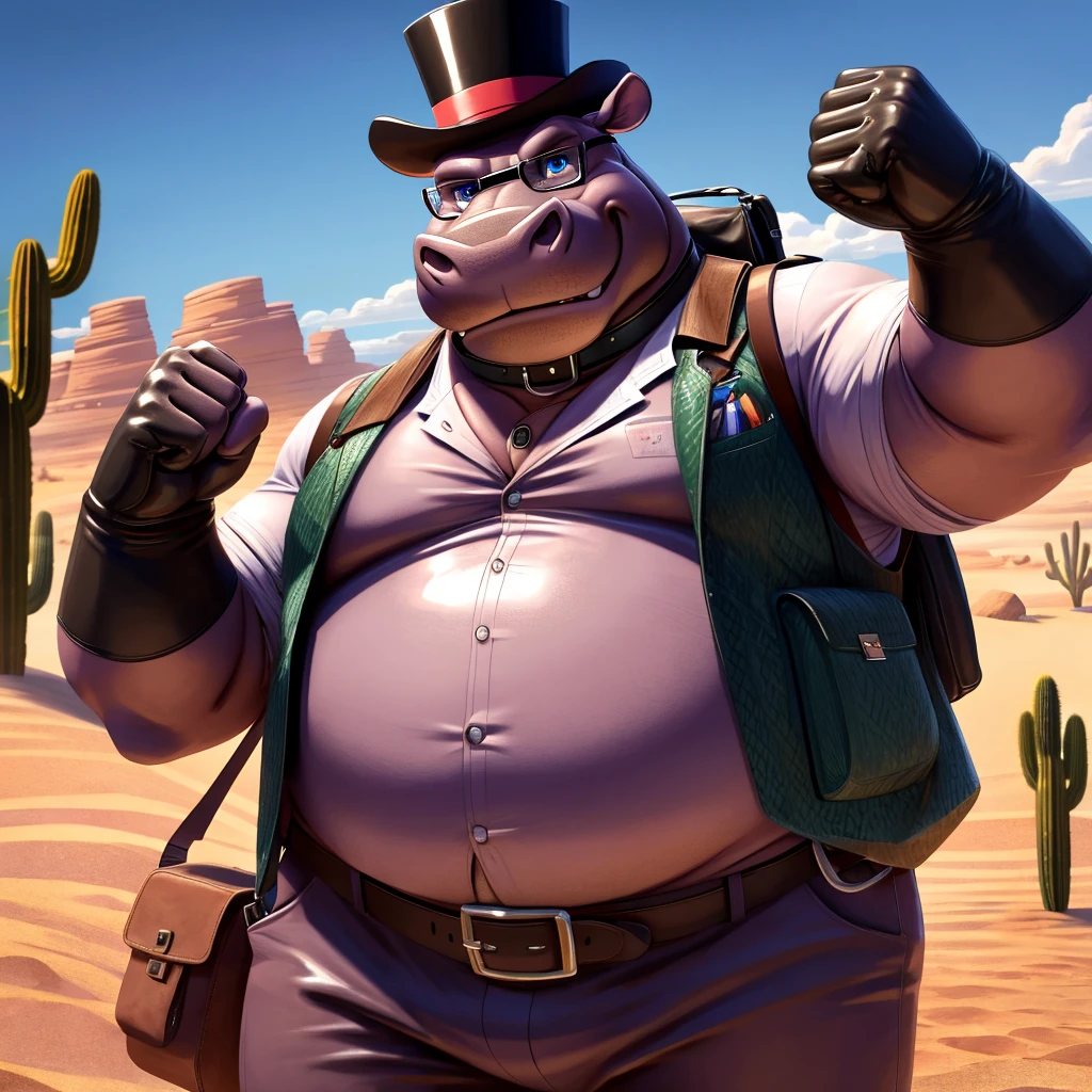 Male, fat, extremely obese, Hippopotamus, blue eyes, (posing:1.3), (soft shading), 4k, hi res, ((detailed face, detailed)), looking at viewer, evil grin, desert, cactus, shirt, top hat, male focus, Explorer Outfit, glasses, pants, bag, vest, backpack, sleeves rolled up, round eyewear, brown headwear, brown vest, Hippopotamus is wearing a glossy leather dog collar around the neck, Hippopotamus is wearing the leather collar and shirt and vest at the same time, Hippopotamus is wearing glossy white rubber gloves on the hands, gloves are rubber in texture, clenching teeth, clenching fists, leather collar is glossy and shiny with a lot of detail.