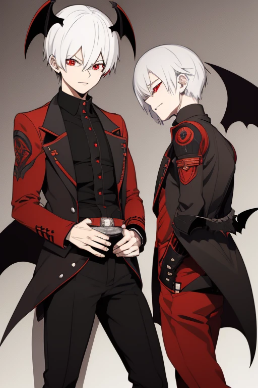 Shoto Todoroki character sheet from My Hero Academia, Vampire, incubus, red eyes and white hair, bat wings, black clothes, black steampunk pants, red shirt, black vest, pale skin. Looking directly at the viewer