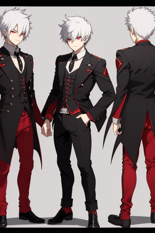 Shoto Todoroki character sheet from My Hero Academia, Vampire, incubus, red eyes and white hair, bat wings, black clothes, black steampunk pants, red shirt, black vest, pale skin. Looking directly at the viewer