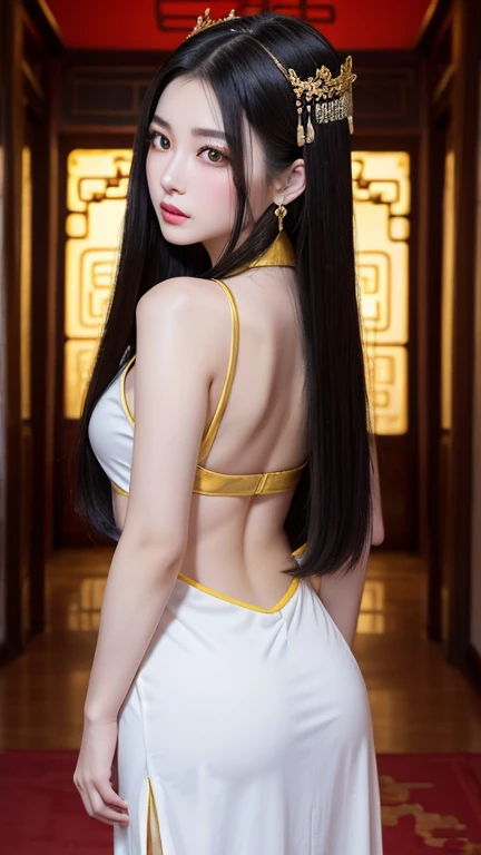 (((Chinese Beauty)))、(Back view)、(Look back here)、21 years old、(Very heavy makeup:1.3)、(Slanted Eyes:1.4)、(long narrow eyes:1.4)、Shiny Hair、Glowing Skin、Very white skin、Jet Black Hair、Straight long hairstyle、Waist-length hair、Big eyes、Double eyelids、Luxury Chinese palace、(Standing in the palace corridor)、(Golden luxurious hair ornament)、(((Chinese Queen's Costume)))、Luxurious and gorgeous、(huge breast:1.2)、(Exposed Skin:1.2)、(Smile with your mouth closed)、Transparent white cloth、(((Black and gold outfit)))