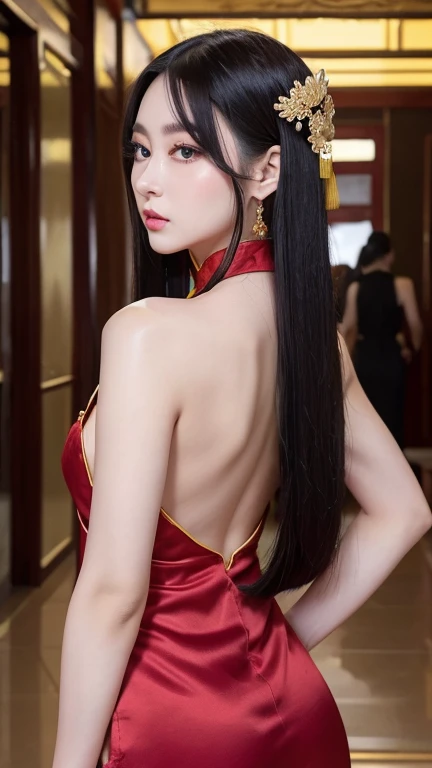 masterpiece, best quality, 8k, hires, detailed, 1girl, mature,detailed skin texture,black hair,long hair,pony tail,huge breast, half body, detailed face, cute face, young face, pure face,detailed china dreess,(red dress,gold dragon pattern,sexy deep side slit,short length:1.3), (green shenron in the background:1.3),happy new year,