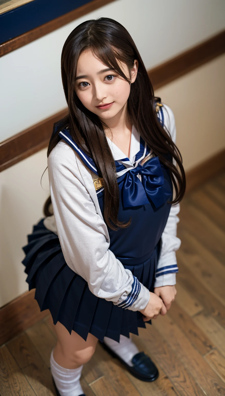 ((highest quality、8k、masterpiece:1.3)),((((fullbody shot)))),Ultra-high resolution,big eyes,Japanese,forehead,bangs,(a girl),(1 girl),((************)),((cute)),pretty,((facing at viewer)),(long hair),(((black sailor uniform))),grin,((standing)),(loafers),(pleated mini skirt),(from above)