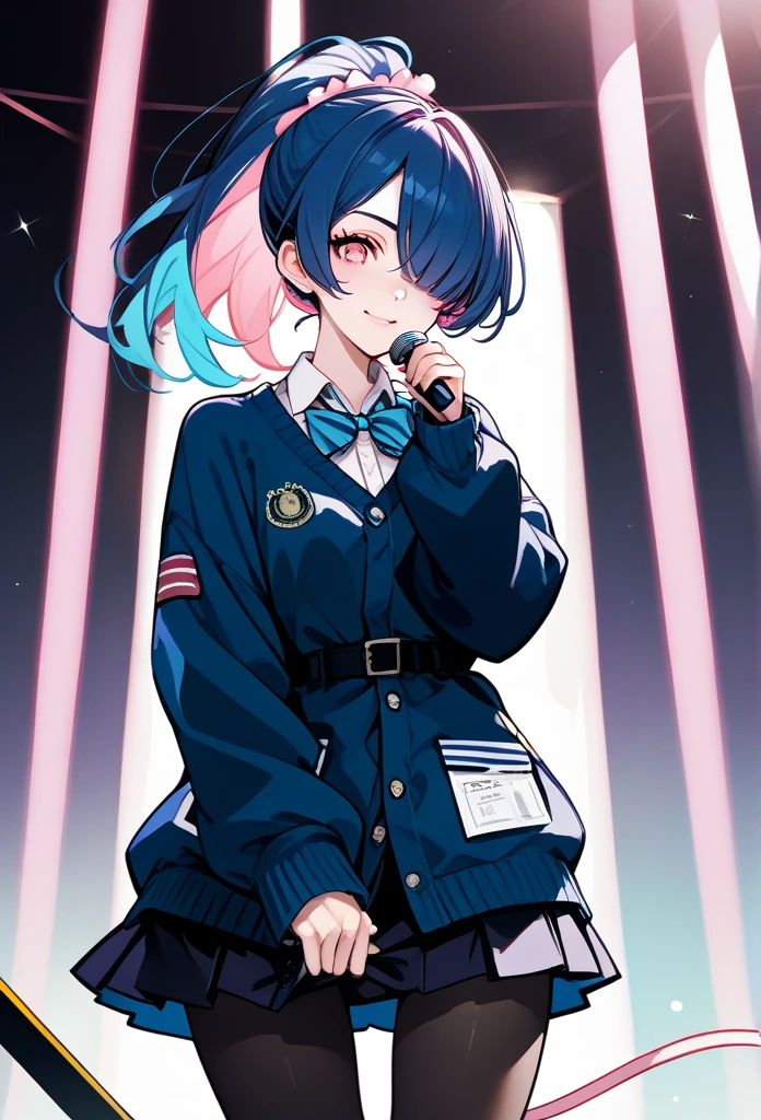 mature woman, mature face, pink eyes, shy expression, shy face, nervous smile, glossy lips, ponytail hair, (blue hair color, pink gradient hair color, azure color hair), bangs covering left eye, left blinding bangs hairstyle, mature body, small breasts, dark blue cardigan, short skirt, navy color skirt, pantyhose, idol, stage, holding microphone, (idol pose)