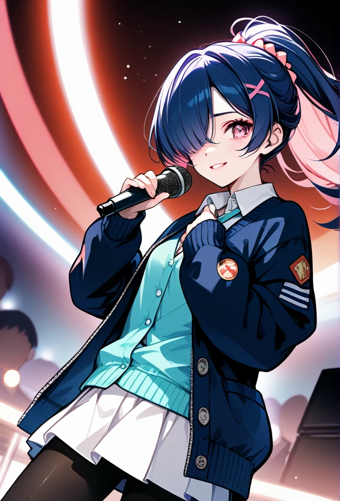 mature woman, mature face, pink eyes, shy expression, shy face, nervous smile, glossy lips, ponytail hair, (blue hair color, pink gradient hair color, azure color hair), bangs covering left eye, left blinding bangs hairstyle, mature body, small breasts, dark blue cardigan, short skirt, navy color skirt, pantyhose, idol, stage, holding microphone, (idol pose)