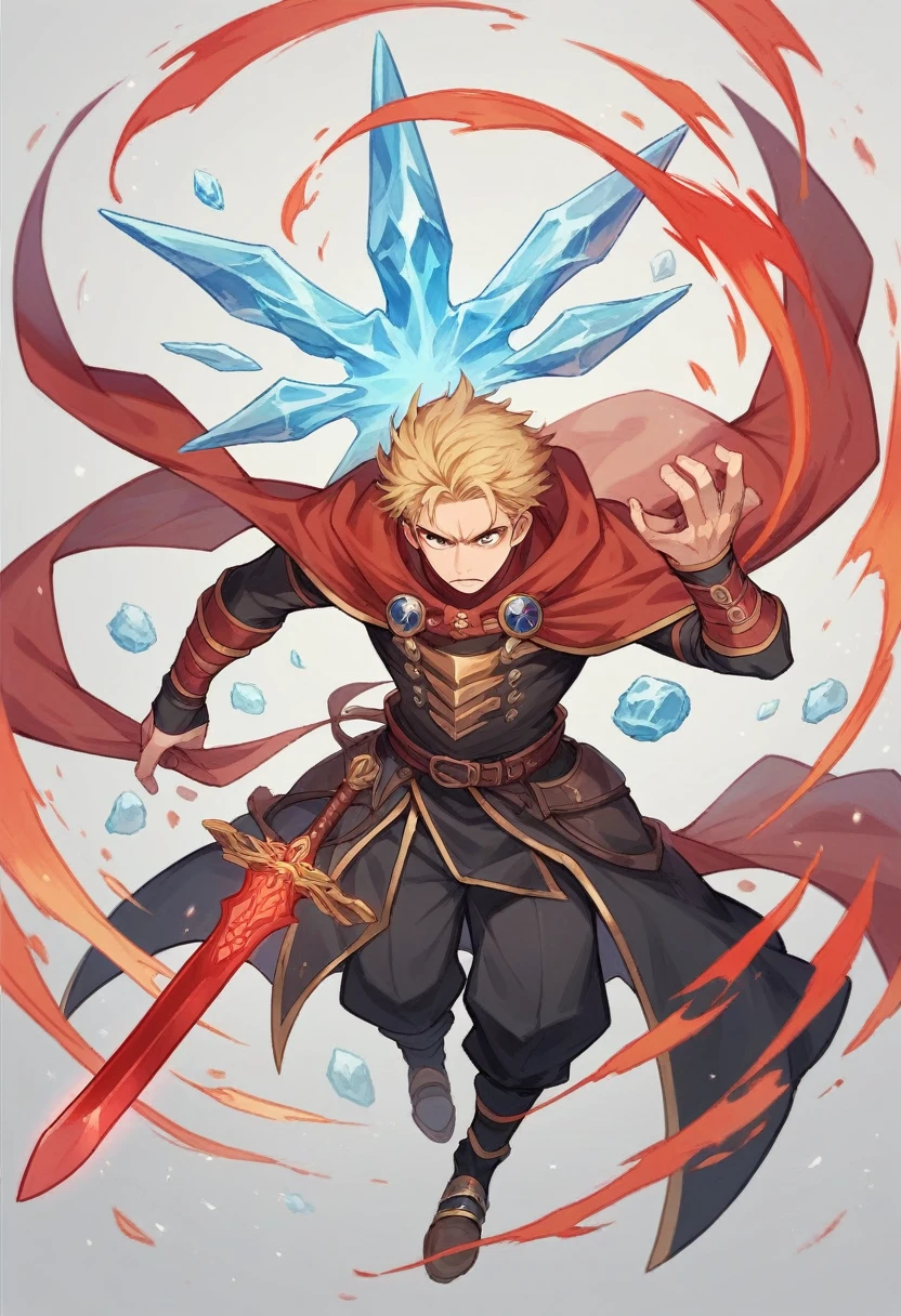 Make an anime-style image of a wizard,blonde haired man,scalar eyes holding a red magic sword in an ice background in HD,8K, from head to toe 