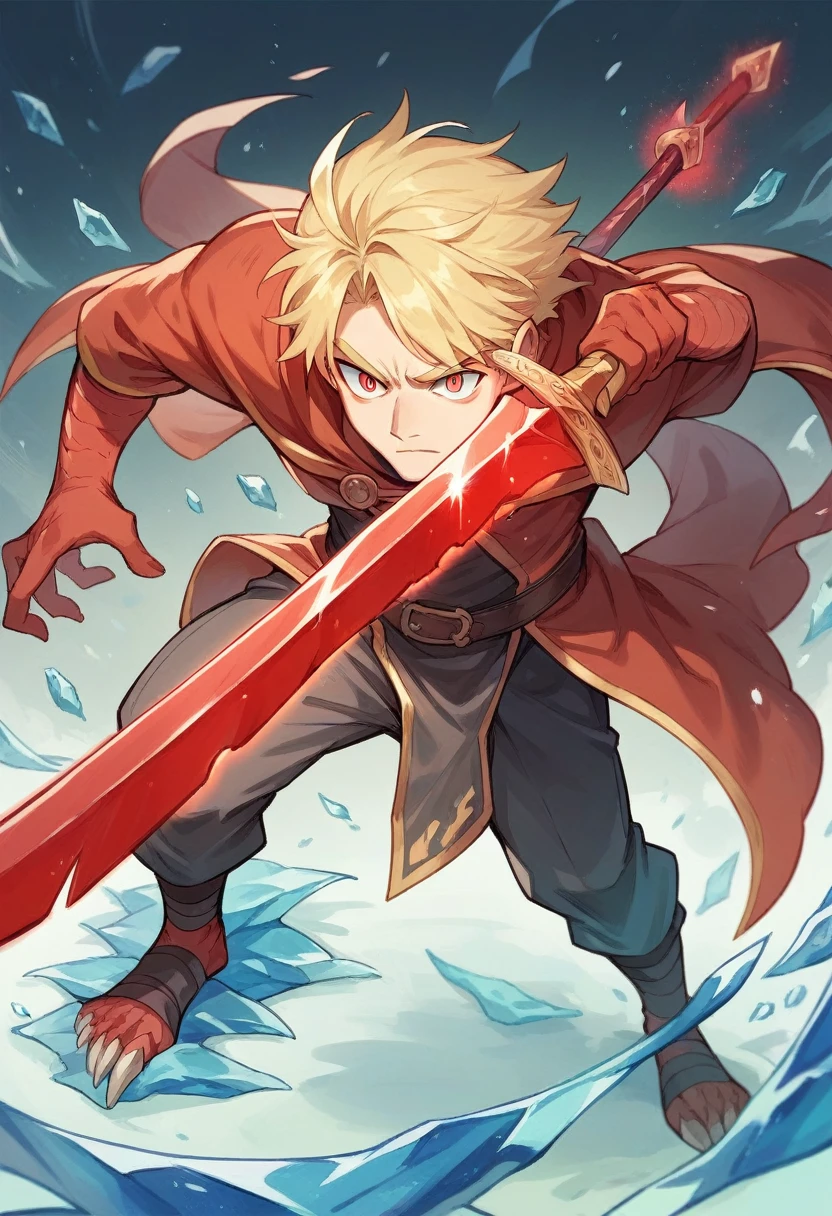 Make an anime-style image of a wizard,blonde haired man,scalar eyes holding a red magic sword in an ice background in HD,8K, from head to toe