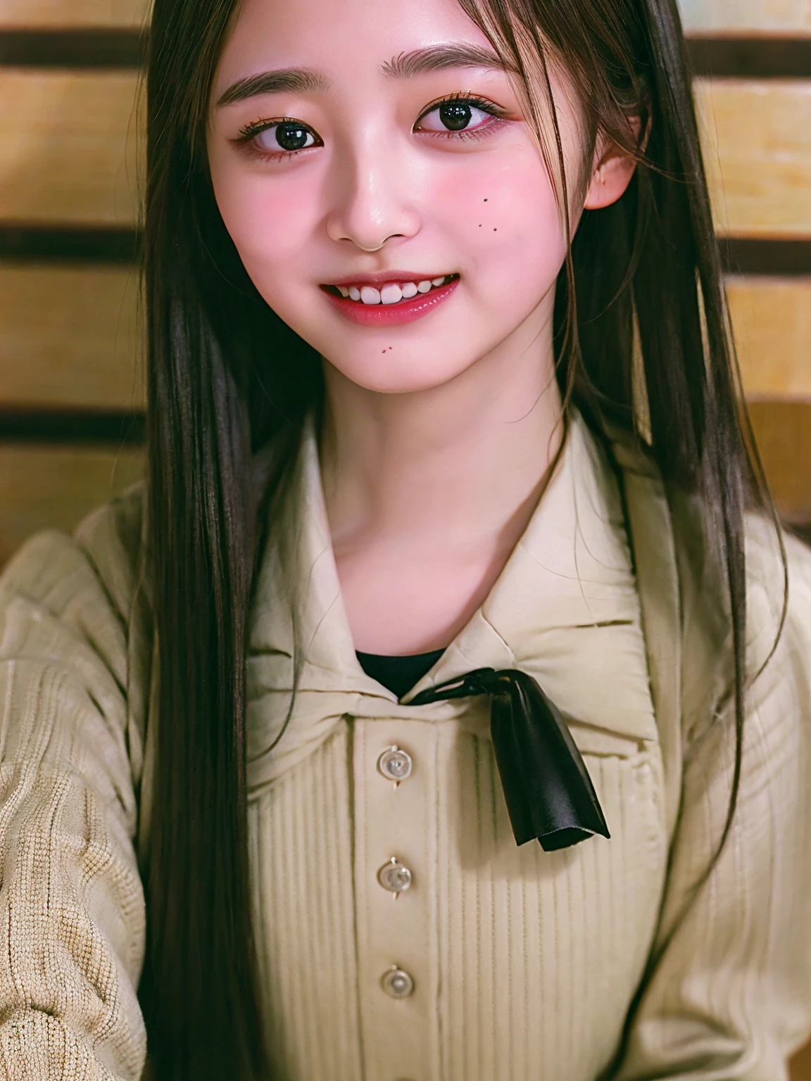 ((highest quality、8k、masterpiece:1.3)),((((upper body shot)))),Ultra-high resolution,big eyes,Japanese,forehead,bangs,(a girl),(1 girl),((************)),((cute)),pretty,((facing at viewer)),(long hair),((black shirts)),grin