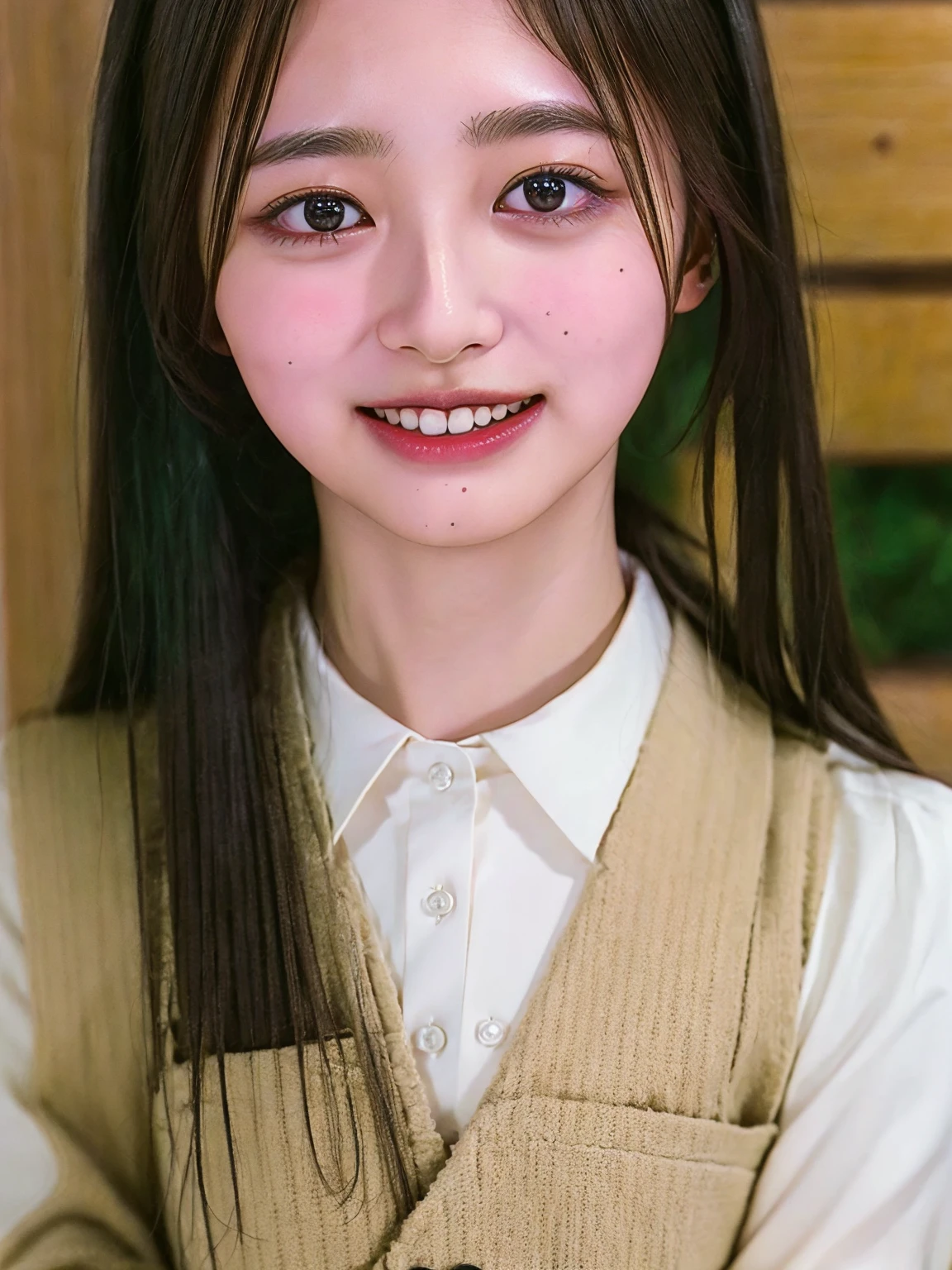 ((highest quality、8k、masterpiece:1.3)),((((upper body shot)))),Ultra-high resolution,big eyes,Japanese,forehead,bangs,(a girl),(1 girl),((************)),((cute)),pretty,((facing at viewer)),(long hair),((black shirts)),grin