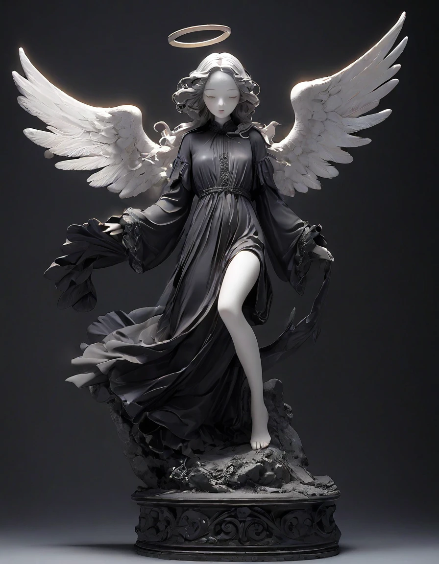 Dark Fantasy、old，dirty， Mineral pigments，3D粘土clay sculpture艺术，clay sculpture、A woman_Angel, Monochrome wings