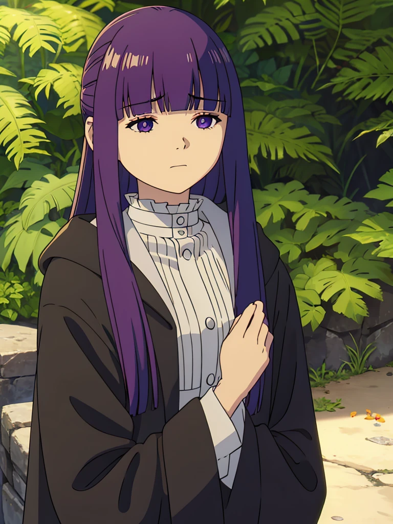 1girl,fern,fern_clothes,glare,upper_body,(looking at viewer:1.1),half-closed eyes,shaded face,angry,closed_mouth,outdoors,despise,
