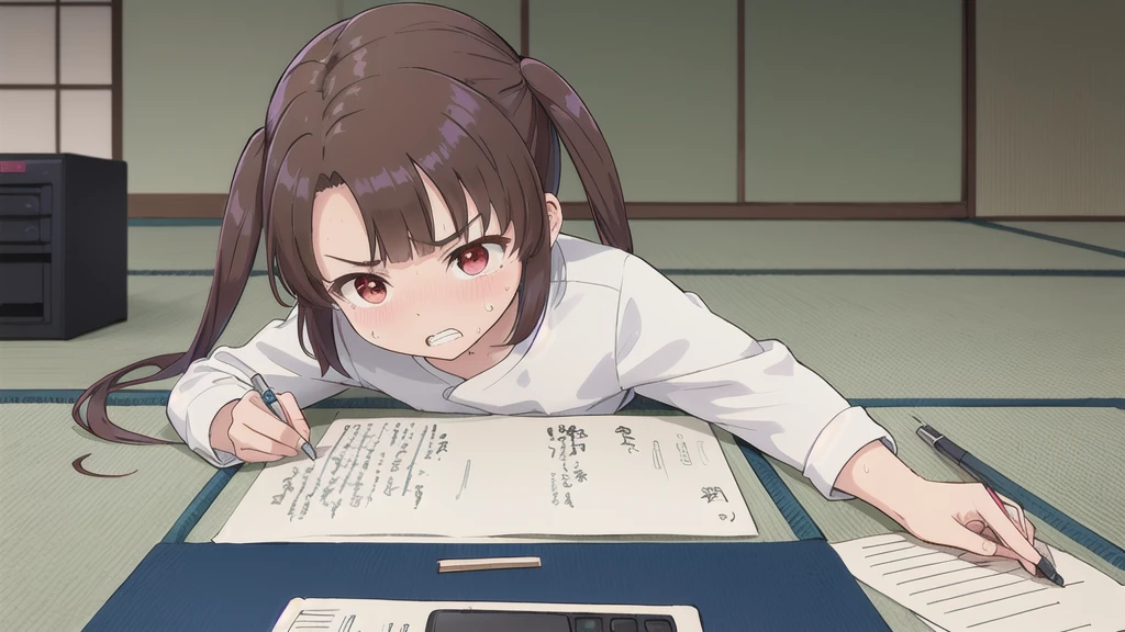 Dilapidated and dark Japanese-style room,blue sky,cloud,On the tatami_Leaning forward while sitting upright,Near your desktop PC,indoor,1 Girl, 独奏, Red eyes, Twin tails, brown hair,crawling,((顔 focus)),upper body,White shirt,Blue denim pants, bangs, eyebrows visible through hair, Flat Chest,Look Down,teeth ,annoyed,panicking,((Write on loose-leaf paper with a pen)),((Sweat)),