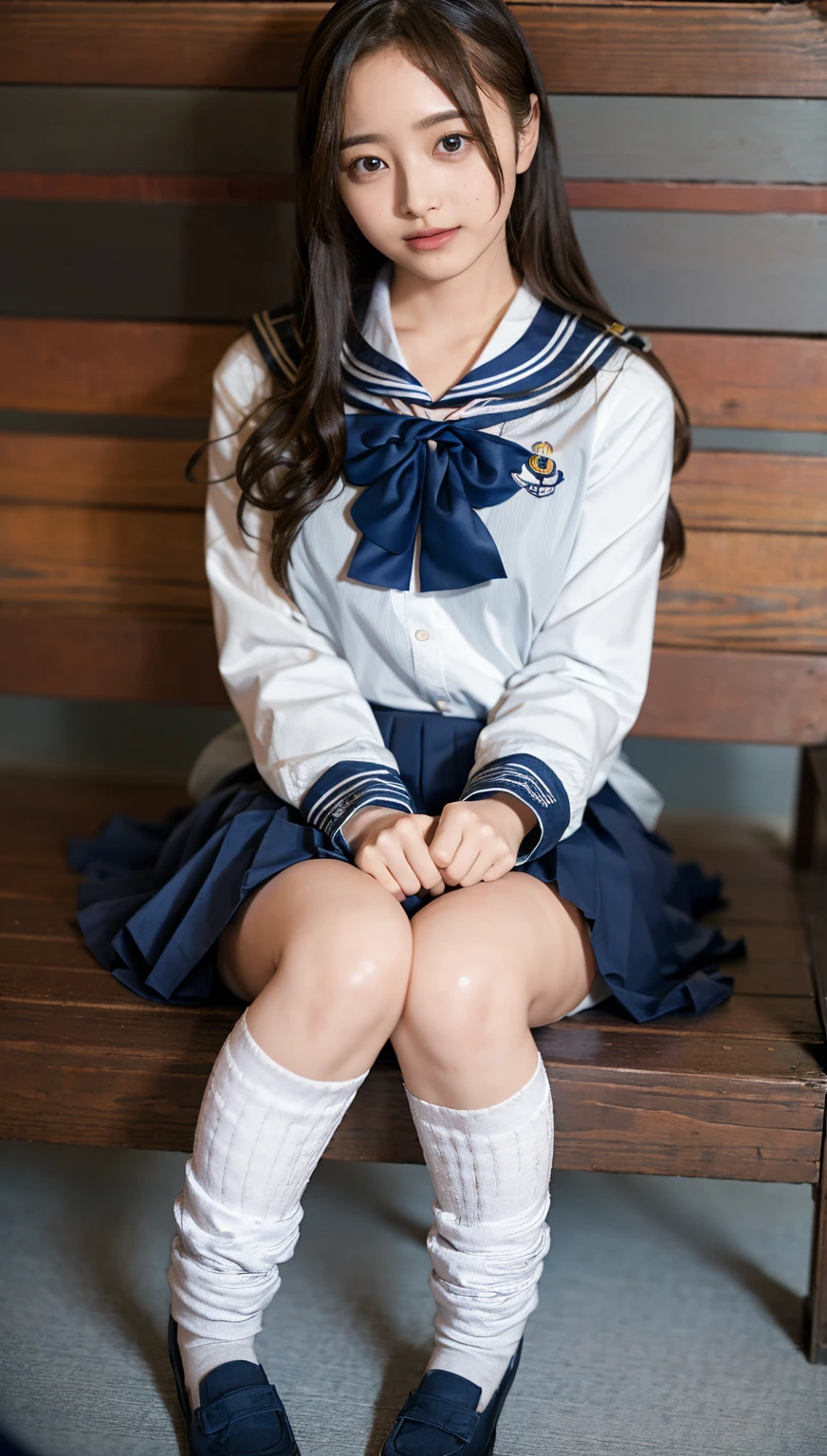 ((highest quality、8k、masterpiece:1.3)),((((fullbody shot)))),Ultra-high resolution,big eyes,Japanese,forehead,bangs,(a girl),(1 girl),(()),((cute)),pretty,((facing at viewer)),(long hair),(((black sailor uniform))),grin,(sitting),8pleated mini skirt)