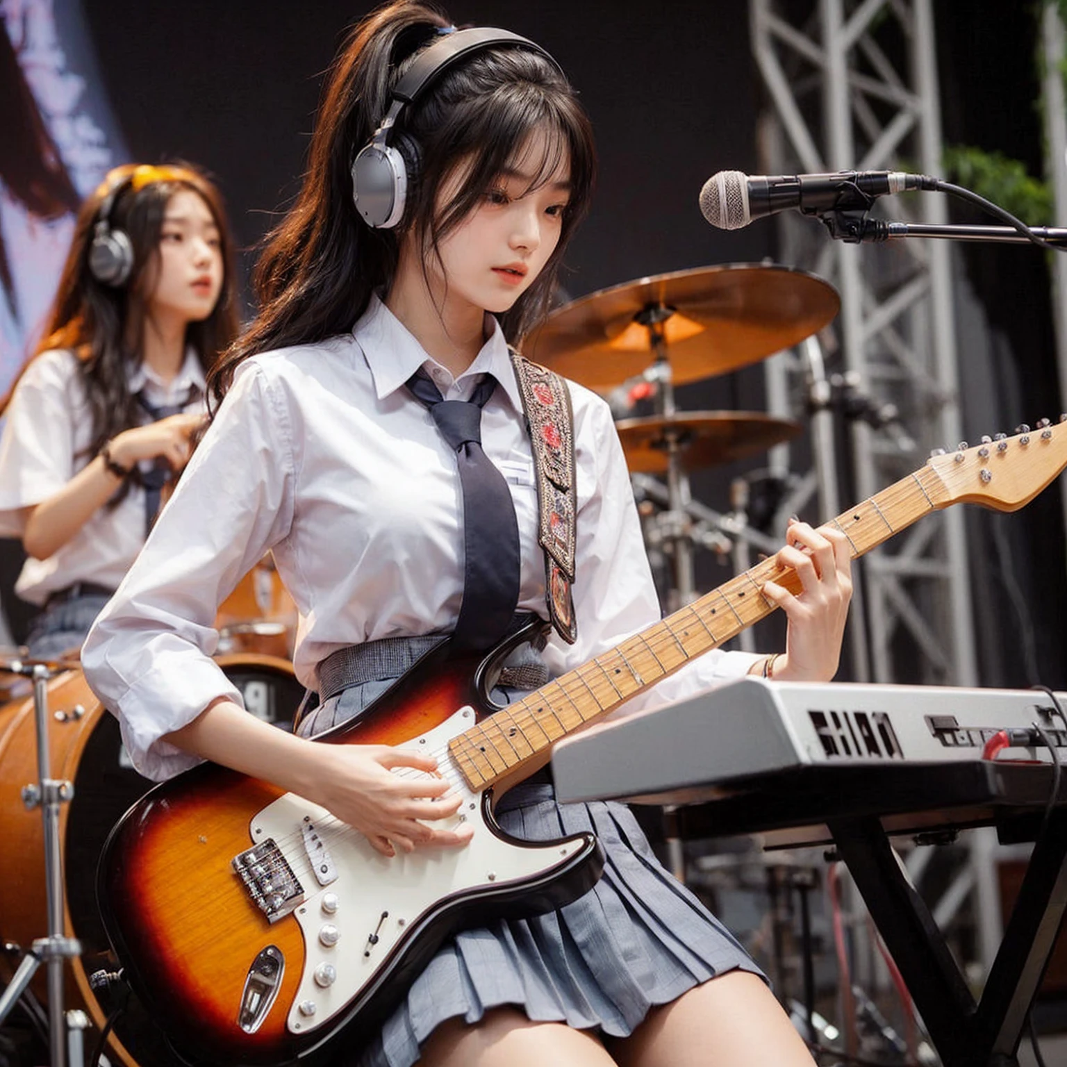 A beautiful Korean girl, 18 years old, tall, fair-skinned, black ponytail hairstyle, medium breasts, playing a keyboard piano, performing on a high school stage in Surabaya city, background of a girl playing drums, wearing a high , white shirt, belt, and gray skirt, jumping around, headbanging, masterpiece, realistic image, HD, 4k, detailed face, detailed eyes, facing the audience, wearing music headphones