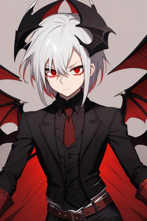 Shoto Todoroki character sheet from My Hero Academia, Vampire, incubus, red eyes and white hair, bat wings, black clothes, black steampunk pants, red shirt, black vest, pale skin. Looking directly at the viewer