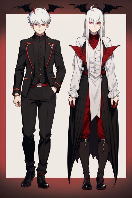 Shoto Todoroki  character sheet from My Hero Academia, Vampire, incubus, red eyes and white hair, bat wings, black clothes, black steampunk pants, red shirt, black vest, pale skin. Looking directly at the viewer