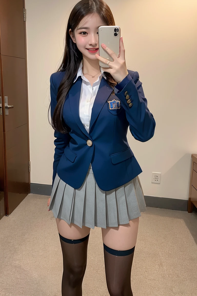 (8k), (highest quality: 1.2), (realistic), (realistic: 1.37), ultra high resolution, 1 girl, cute, smile, closed mouth, beautiful details, beautiful nose, wet hair, giant dulcefo, pork, thighs,selfie,College student uniform,simple blazer,pleated skirt,Standing,opaque tights, booty pose ,midiam shot