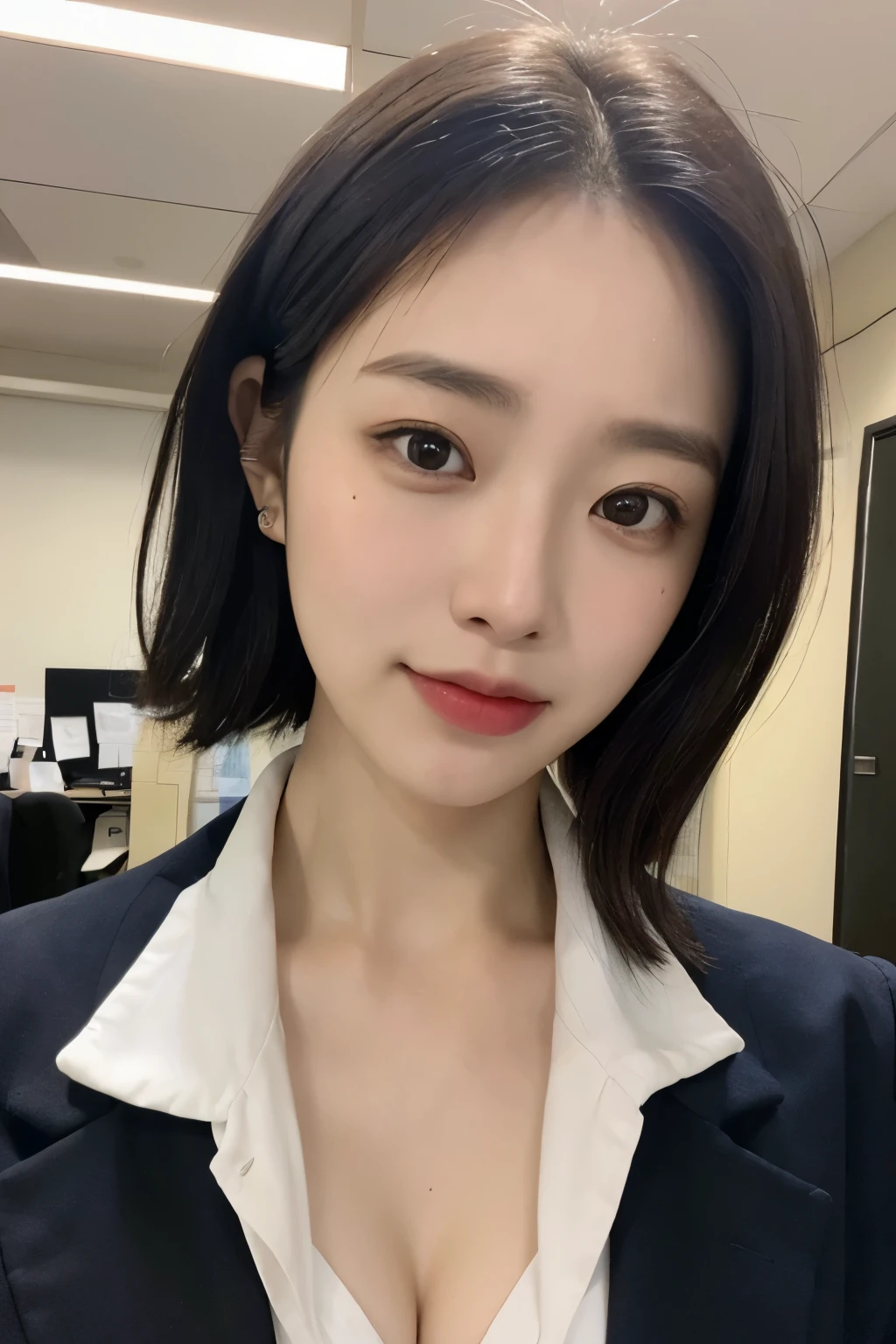 Haruno sakura, ((alone)), alone, (((E cup breasts))),(((Office Lady Uniform))), ((Show your forehead)), smile,Cool Biz, Navy blue jacket, Black Hair, short hair, delicate, young, short hair, Detailed face, High resolution, ((whole body)), Bedroom, whole body, she is a beautiful , High quality face, beautiful, Shine,(masterpiece:1.3), High resolution, Very detailed, Very detailedな,Unity 8k wallpaper, Realistic, photo-Realistic, RAW Photos, Beautifully detailed face, Pale skin, Realistic glistening skin,