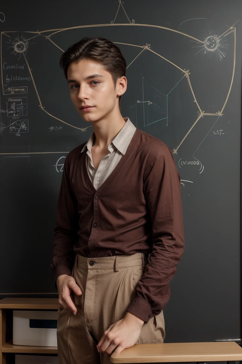 A beautiful young male twink with black hair wearing a gothic cotton and linen shirt with long sleeves with ties and a V-neck, aquamarine color, and brown pants. He is in his luxurious scientific office, and behind him is a blackboard with neurons written on it, and neon energy emerges from the blackboard as he looks proudly.