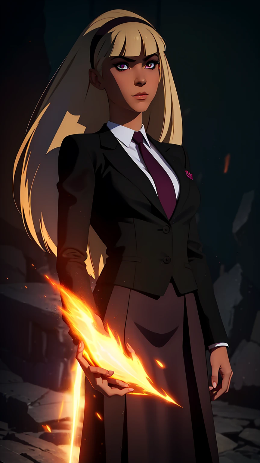 blonde hair, long hair, green eyes, body builder (Wearing black business outfit, black_collared shirt cropped jacket ,tie,necktie,black frilled skirt, garter straps, leather waist belt) (big perfect round breasts,hourglass body, thin waist,very thin waist, Photo realistic,(hyperrealistic:1)beautiful, masterpiece, best quality, extremely detailed face,perfect face,beautiful face, perfect lighting,detailed eye makeup, detail face, nice detailed eyes,nice hands, perfect hands,glowing eyes (realistic pupils,realistic iris:1) heavy eye makeup,