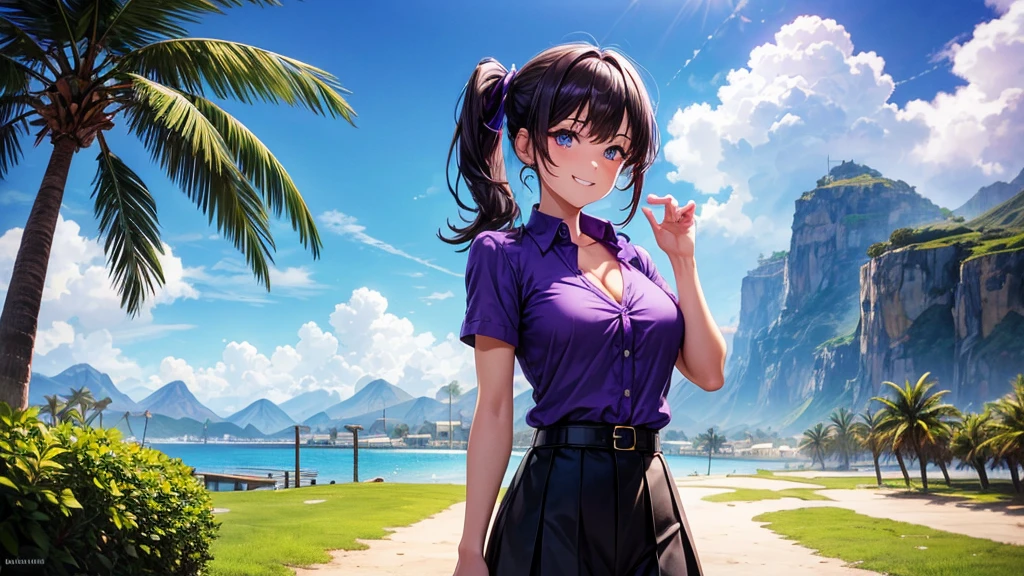 1girl, solo, full body, summer, village, trees, sun, clouds, mountains, fantasy world, colorful hair, side ponytail, large breasts, ((nipples)), button down, dark blue eyes, ((purple shirt)), ((unbuttoned shirt)), ((short sleeved shirt)), cleavage 1:3, black skirt, brown shoes, grin, looking at the viewer, standing, hair ribbon