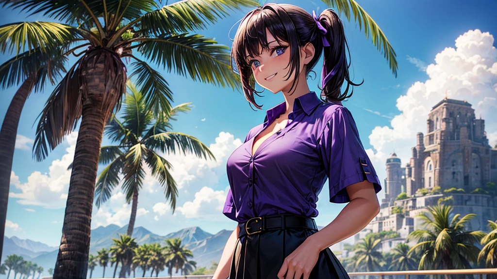 1girl, solo, summer, village, palm trees, sun, clouds, mountains, fantasy world, colorful hair, side ponytail, large breasts, button down, dark blue eyes, ((purple shirt)), ((unbuttoned shirt)), ((short sleeved shirt)), cleavage 1:3, black skirt, brown shoes, grin, looking at the viewer, standing, hair ribbon