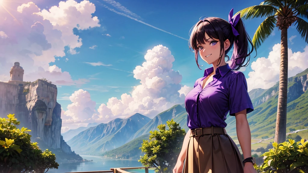 1girl, solo, summer, village, palm trees, sun, clouds, mountains, fantasy world, colorful hair, side ponytail, large breasts, button down, dark blue eyes, ((purple shirt)), ((unbuttoned shirt)), ((short sleeved shirt)), cleavage 1:3, black skirt, brown shoes, grin, looking at the viewer, standing, hair ribbon