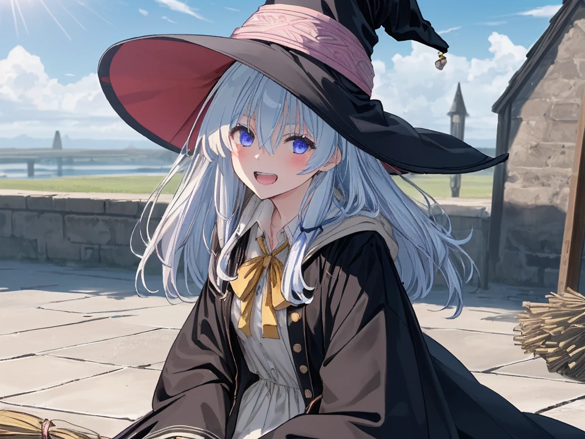 masterpiece, (realistic, photo realistic:1.2), ((highest quality), extremely fine and beautiful, beautiful face details, real human skin, realistic, photorealistic, full body, elaina (majo no tabitabi), solo, witch hat, long hair, black headwear, blue eyes, collared shirt, hair between eyes, white shirt, ribbon, yellow ribbon, bangs, upper teeth only, teeth, neck ribbon, bow, witch, open clothes, blush, hood, yellow bow, jewelry, floating hair, yellow bowtie, shiny hair, bowtie, black robe, wing collar, open robe, purple eyes, dress shirt, sitting, (Ride a broom:1.3), blue sky, cloud, Sun light, wind