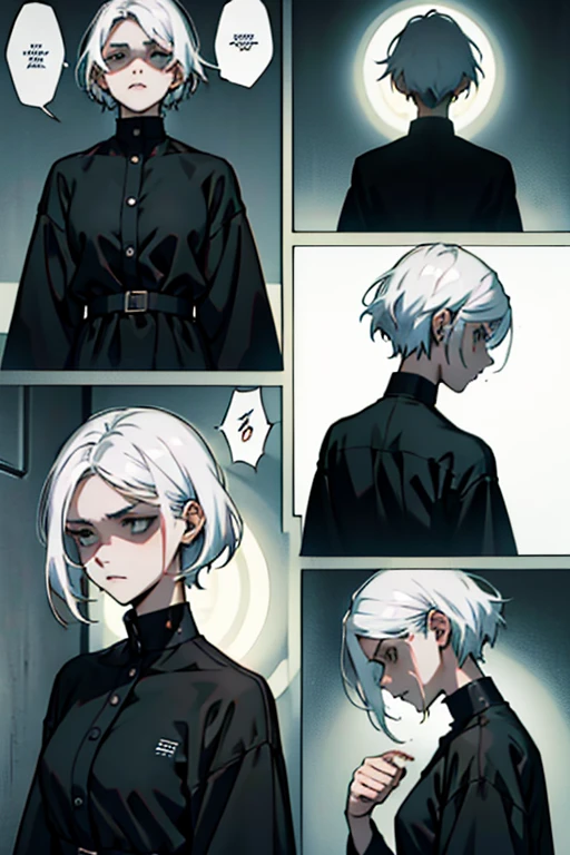 Girl with short white hair small and really skinny, feeling extremely sick, detailed illness, coughing blood, fainting , throwing up, bloody, wearing long black dress, running, manga page with panels and dialogue    