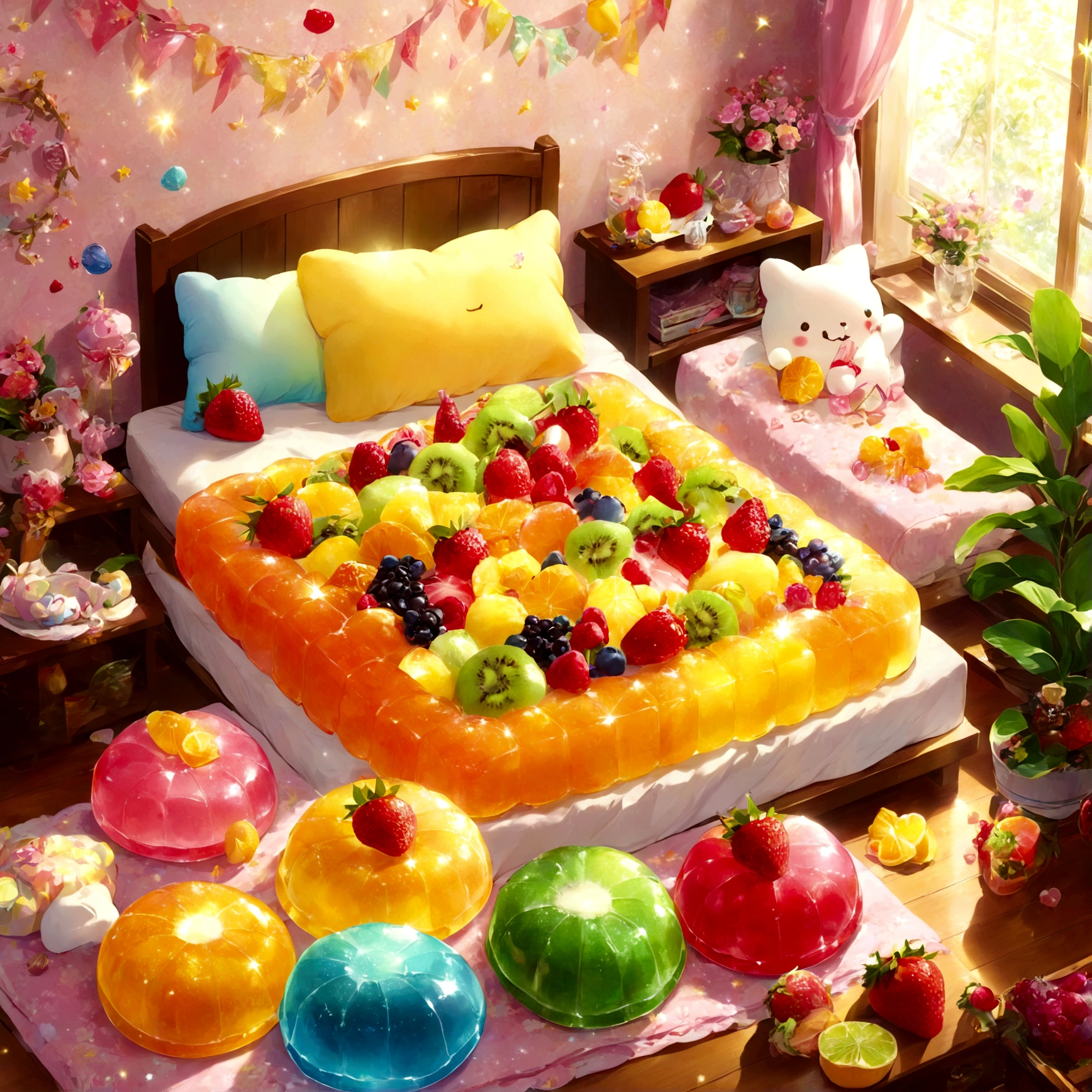 キャンディー🍭やチョコレート🍫でデコレーションされた、夢のようなsweetsの部屋。In the center of the room、巨大なMixed Fruitsjellyで作られた、Shakingのbed🛏️✨ 赤や緑、yellow, etc.、colorfulなフルーツが透き通って見え、Sparklingと光を受けている。bedの周りには、Marshmallow cushions、クッキー🍪でできた階段が置かれ、Full of fun! all over the room、A sweet scent drifts、I feel happy.。Beautiful fantasy world, sweets, jelly, bed, Mixed Fruits, Shaking, transparent, colorful, Sparkling