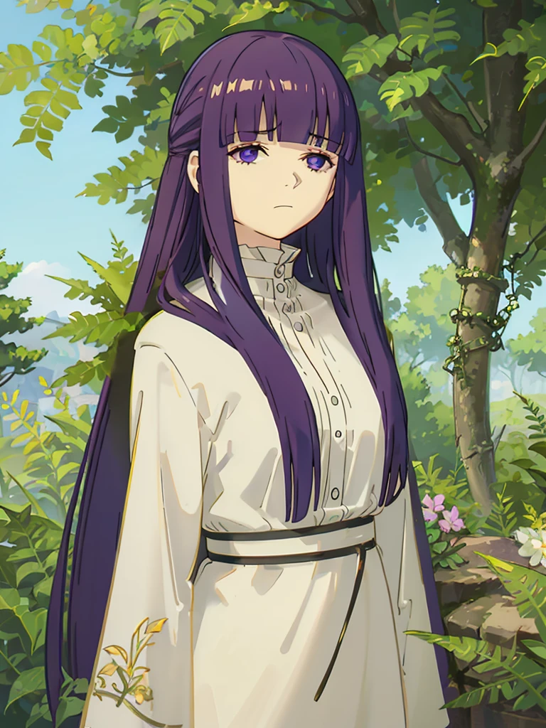 1girl,fern,fern_clothes,glare,upper_body,(looking at viewer:1.1),half-closed eyes,shaded face,angry,closed_mouth,outdoors,despise,