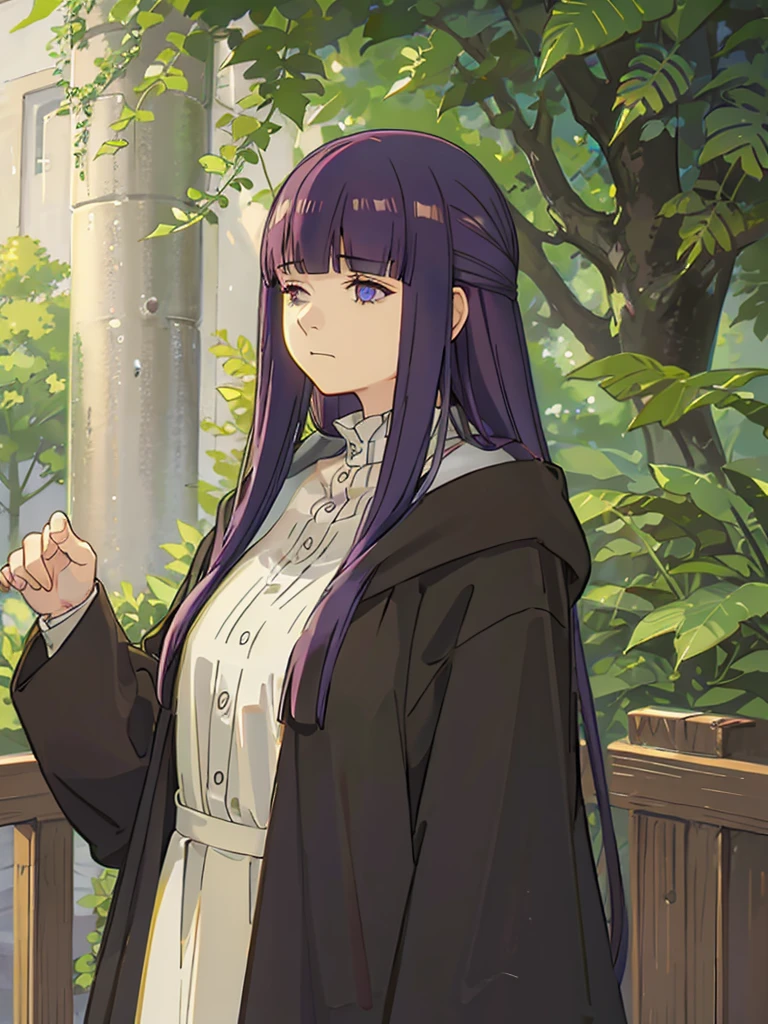 1girl,fern,fern_clothes,glare,upper_body,(looking at viewer:1.1),half-closed eyes,shaded face,angry,closed_mouth,outdoors,despise,