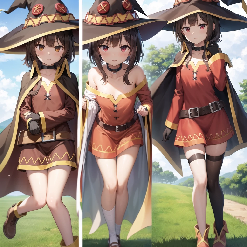 High resolution, 8K, 4K, masterpiece, Beautiful quality, One girl, Red eyes, alone, Brown Hair, Long hair short hair, bangs, Have, witch Have, collarbone, Cape, Black gloves, collar, Small breasts, Megumin, Meguminスタイル, Megumin,Meguminスタイル, Cape, Have, Green Field,