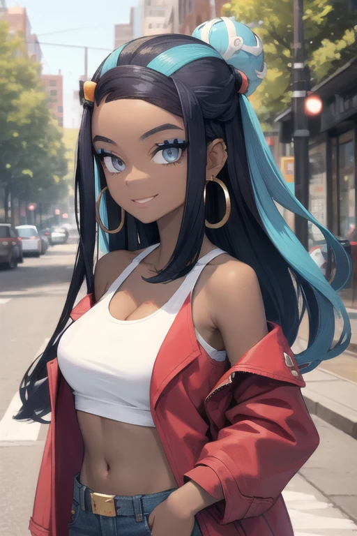 masterpiece, best quality, (Detailed face:1.2), (Detailed eyes:1.2), solo, 1girl, nessacasual, dark skin, makeup, smile, looking at viewer, standing, opened red jacket, white tank-top, ((midriff)), medium breasts, cleavage, tight blue denim pants, belt, hoop earrings, looking at viewer, standing, holding a poke ball, outdoors, city street
