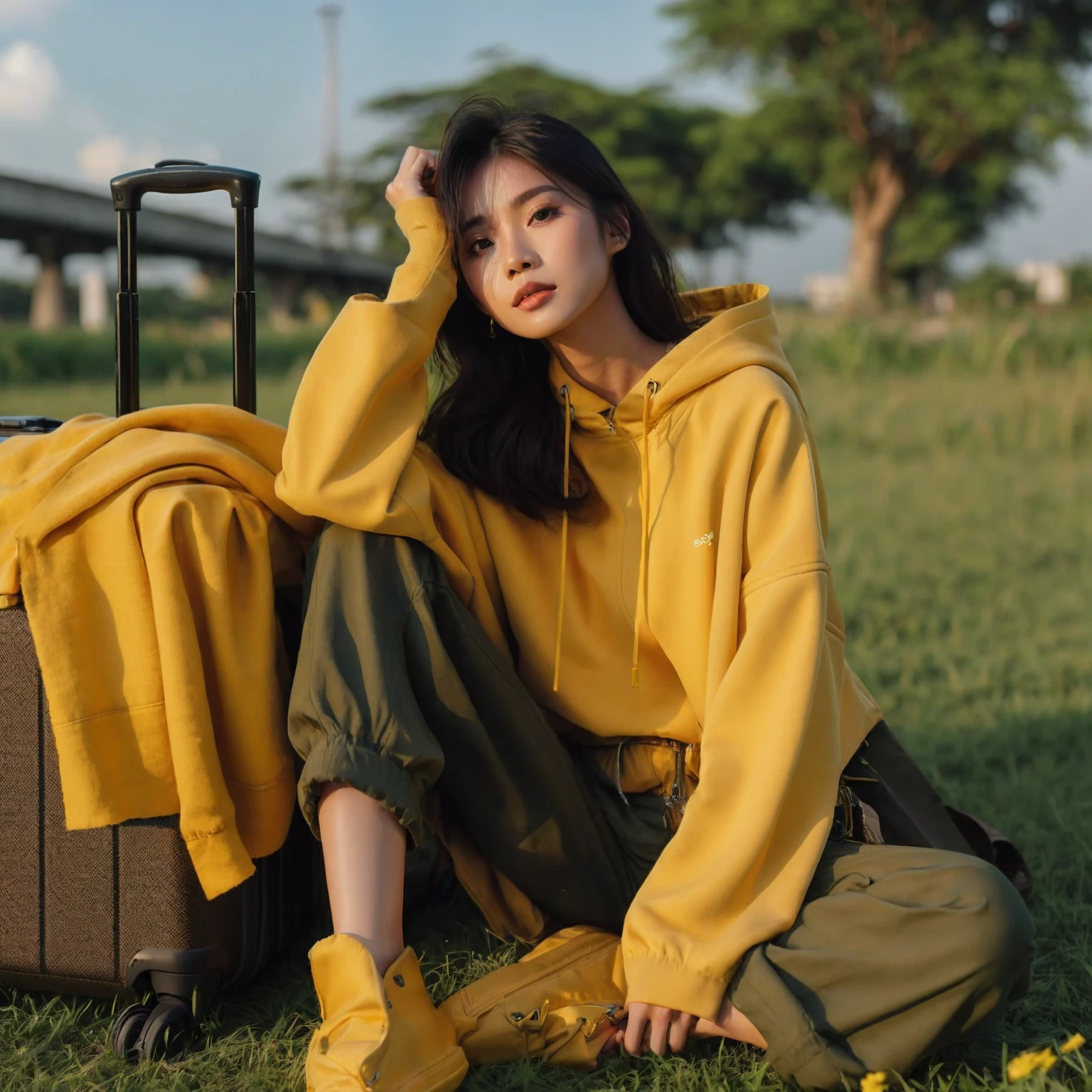 Thai woman sitting on suitcase in yellow jacket, with yellow cloth, yellow shirt, dark green pants, on green grass field blue sky, aesthetic pose, aesthetic, warm color clothing, Shot on Sony Alpha α7CR full-frame, photorealistic, realistic human, UHD 1536px, high quality photos.