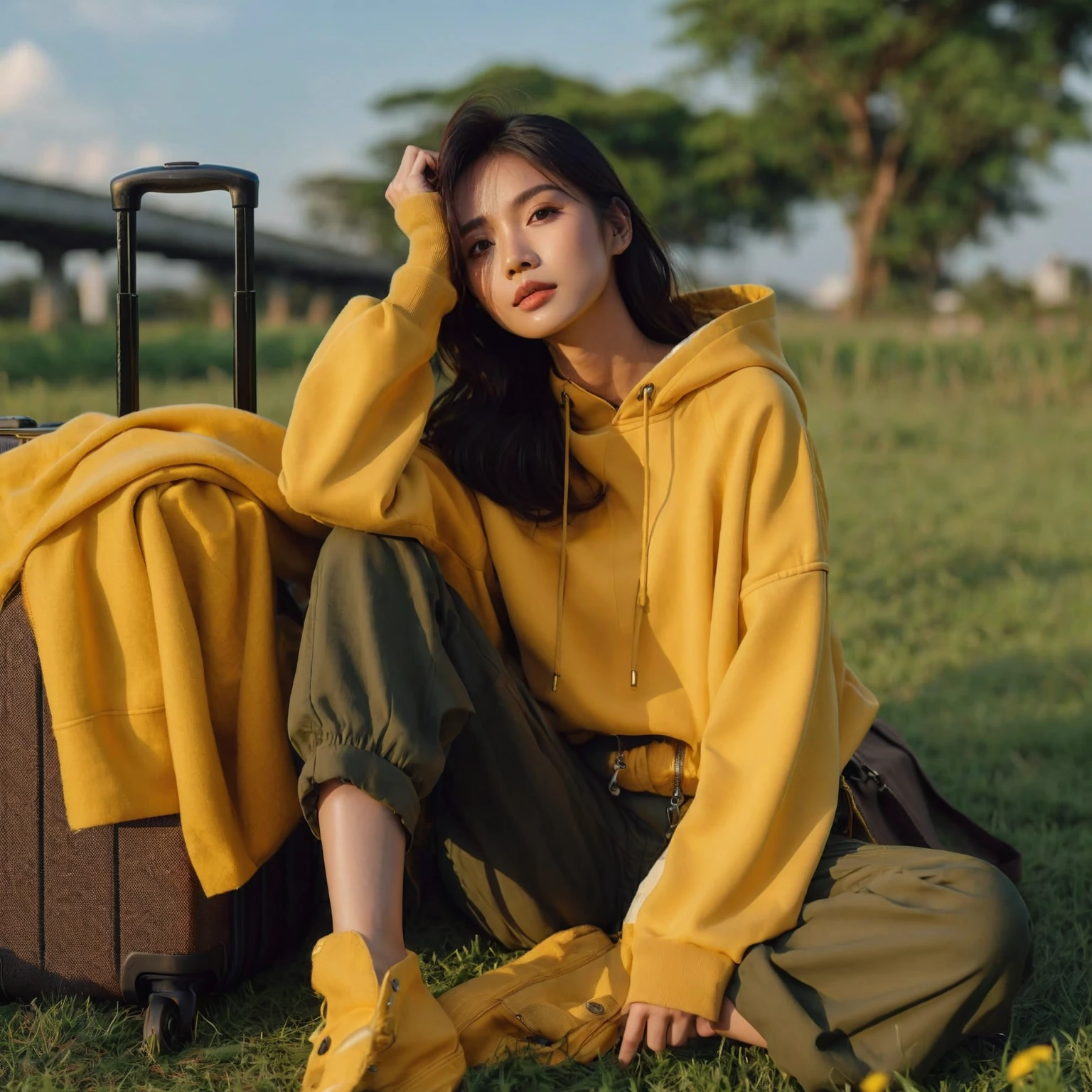 Thai woman sitting on suitcase in yellow jacket, with yellow cloth, yellow shirt, dark green pants, on green grass field blue sky, aesthetic pose, aesthetic, warm color clothing, Shot on Sony Alpha α7CR full-frame, photorealistic, realistic human, UHD 1536px, high quality photos.