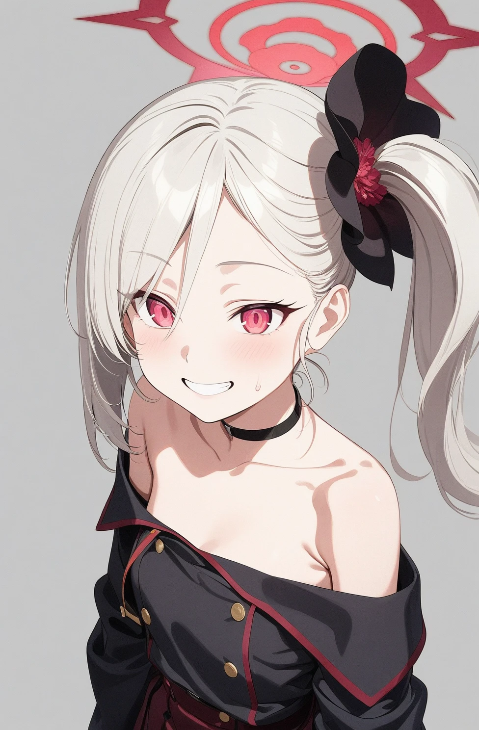 best quality, amazing quality, very aesthetic, absurdres, (1girl, mutsuki, blue archive, solo, red eyes, white hair, side ponytail), (artist official art:1.5), (realistic face:0.2), (grin, off-shoulder sweater ), (cowboy shot), (glowing eyes:1.3), (half closed eyes:0.9), (thigh), expressive eyes, perfect face, 4k, extremely detailed anime illustration, extremely detailed eyes, enhanced details, perfect anatomy, light rays, (gray background:1.5), clear eyes, beautiful face, small breasts, (Chiaroscuro:1.5),  (highres:2), undressing