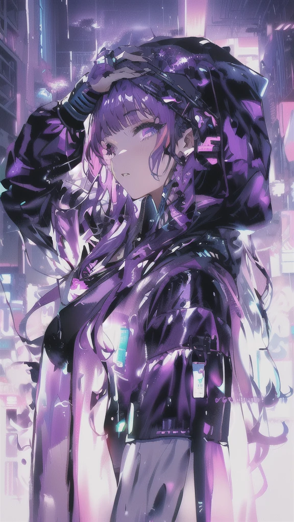 in the rain、Anime girl with purple hair and black jacket, Cyberpunk Anime Girl in hoodie, digital Cyberpunk anime art, Digital Cyberpunk - Anime Art, Cyberpunk Anime Girl, anime cyberpunk art, Cyberpunk art style, Cyberpunk atmosphere, Cyberpunk anime art, female Cyberpunk Anime Girl, Dreamy Cyberpunk Girl, Cyberpunk atmospheres, Bright Cyberpunk Glow, Cyberpunk Style, Cyberpunk themed art