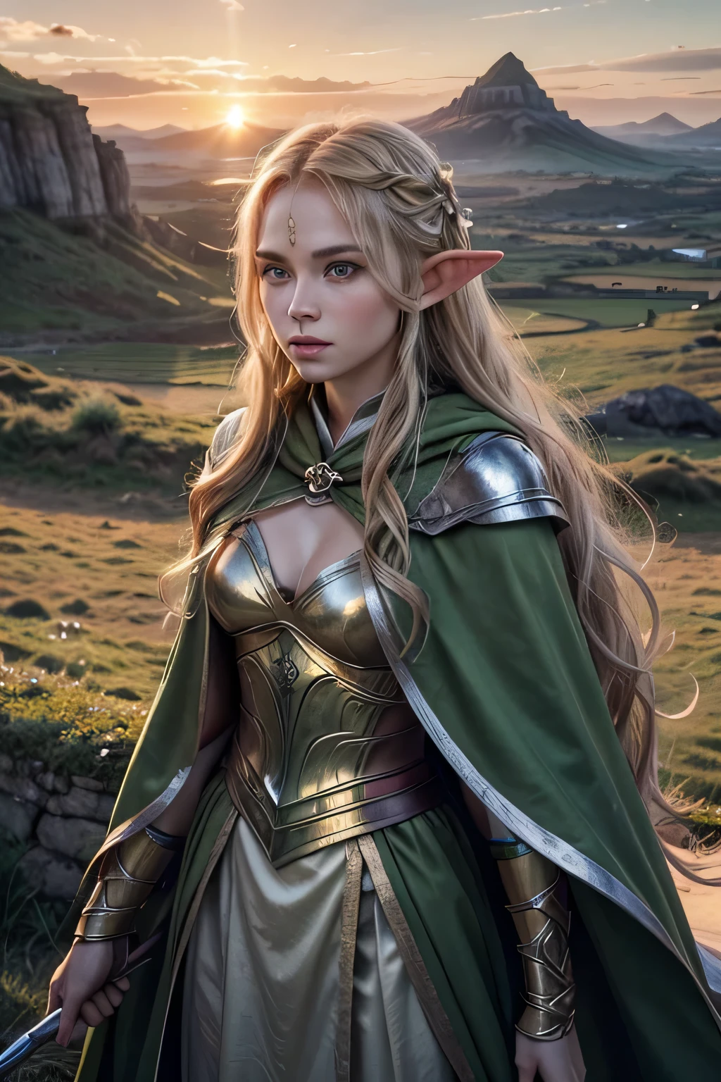 an elf warrior woman, Long wavy blonde hair, greeneyes, green cloak, gold and silver, with a war bow on his back, beautiful landscape in the background, sunset