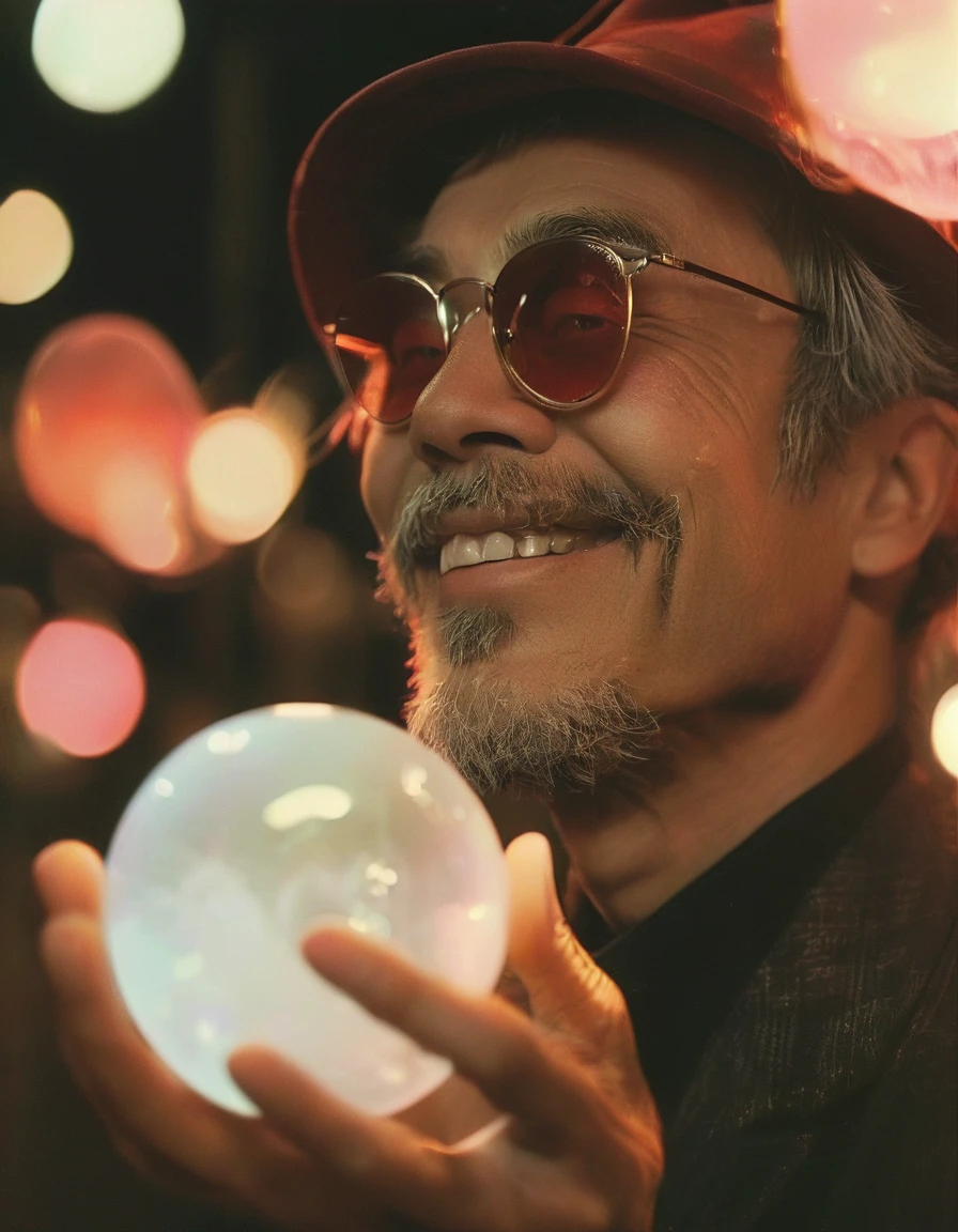 [art by Fritz Lang and Abbas Kiarostami::10], photograph, in this surreal scene, there's a male artist with vibrant red eyes and a messy smile. The man wears a magical white and burgundy iro and buba and sunglasses that seem to glow in the soft light of his flickering fluorescent lights. He holds a set of soap bubbles in one hand, reminiscent of the iridescent that inspired him, while also having an orange sunhat in the other. Moon in the night, Anime screencap, 50s Art, Light and shadow plays, film grain, Ilford HP5, 800mm lens, Sepia filter, (key visual, cinematic white Color grading)