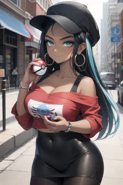 masterpiece, best quality, (Detailed face:1.2), (Detailed eyes:1.2), solo, 1girl, nessacasual, aqua eyes, eyeshadow, dark skin, (dark-skinned female:1.5), makeup, long hair, sidelocks, thick eyebrows, black hair, aqua hair, streaked hair, medium breasts, grey cabbie hat, red shirt, off shoulder, collarbone exposed, cleavage, black lycra short skirt, pantyhose, earrings, hoop earrings, (holding a poke ball:1.3). looking at viewer, looking at the camera with an arrogant smile, standing, outdoors, city street
