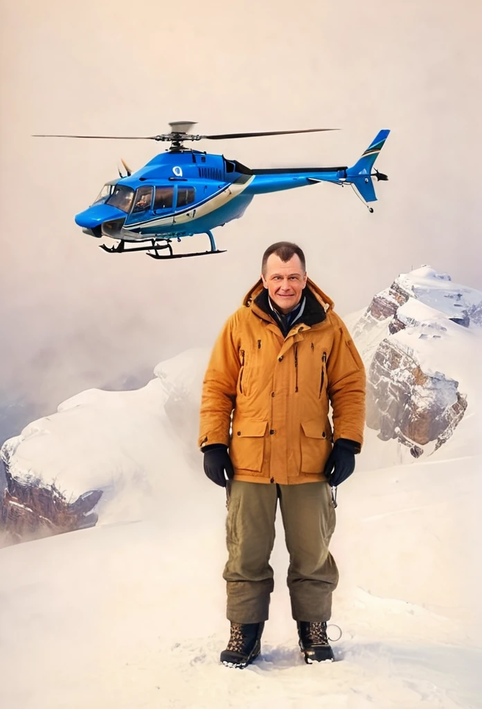 Sergei Taboritsky, man on the mountain, The top of the mountains, helicopter in the background, winter, fog, пальто