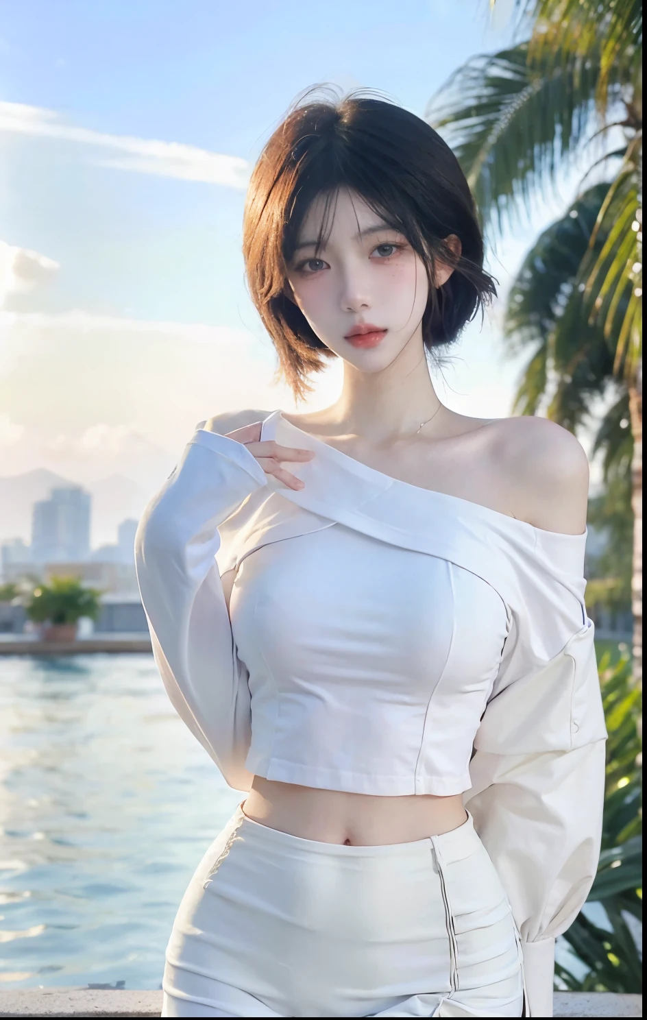 Beautiful woman with perfect figure:1.4,Swimming background,Desert Background,Ultra-high resolution,Seductive laughter,wear glasses,White legs,(lifelike:1.4),Layered Hairstyle,White skin,Black mini pleated skirt,whole body,Very delicate face and skin texture,Double eyelids,Skin Whitening,Long hair,White hair,White,