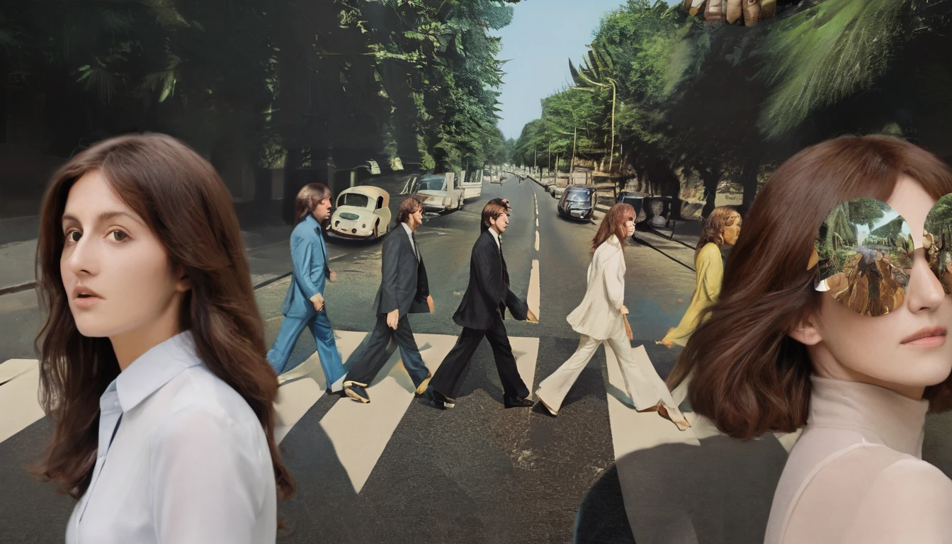 cover of the Beatles' Abbey Road album;; Dubrec style，Brunette woman transparent face close-up，Jungle mountains image foreground，（multiple exposure：1.8），Complex illustrations in surrealist art style，Surreal dreams, by Leonardo da Vinci